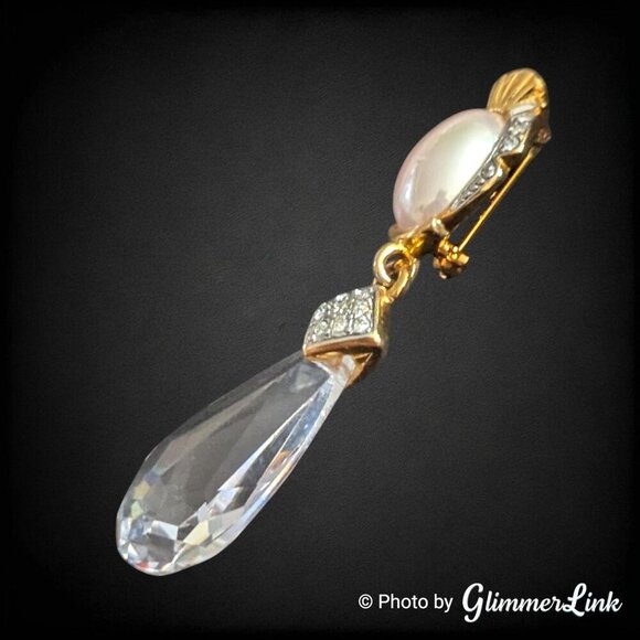 VTG 80s Signed Craft Faux Pearl Crystal Teardrop Dangle Tiered Gold Tone Brooch - Picture 3 of 7